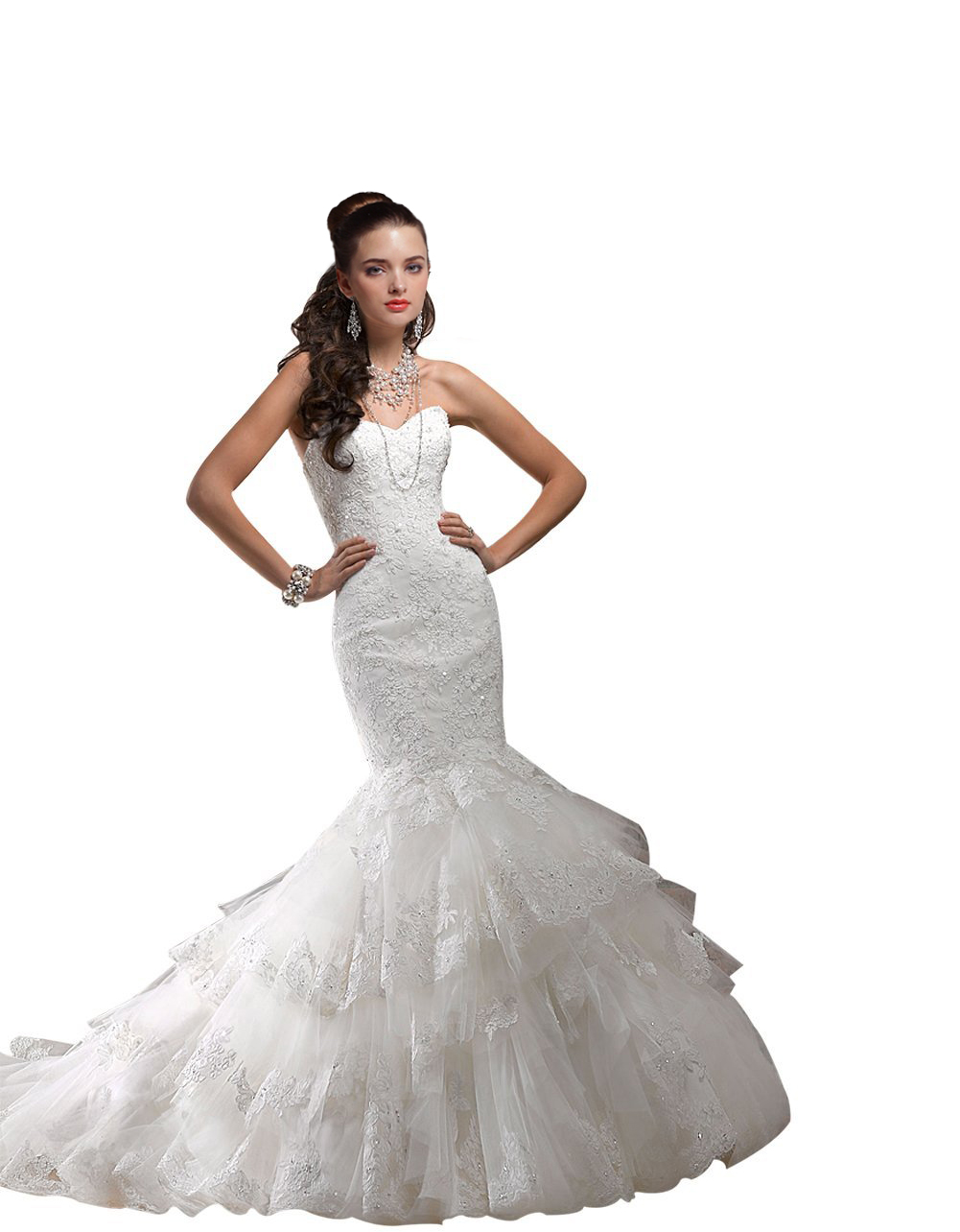 Women's Trendy Sweetheart Tiered Mermaid Wedding Dress With Lace